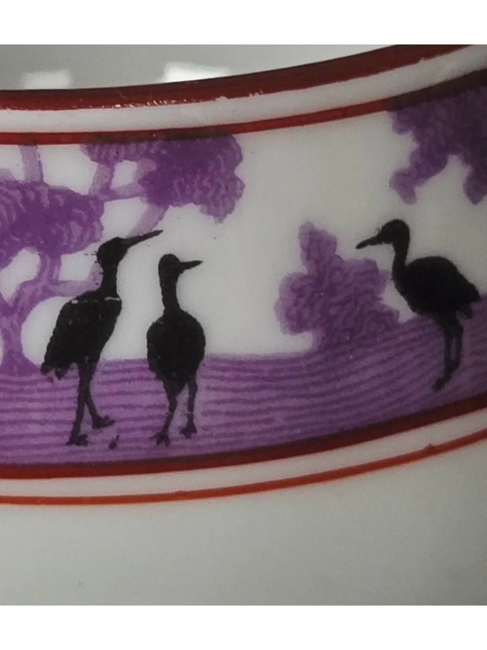 Epiag Czech Silhouette Purple Black Crane Double-Handled Porcelain Birds Bowl